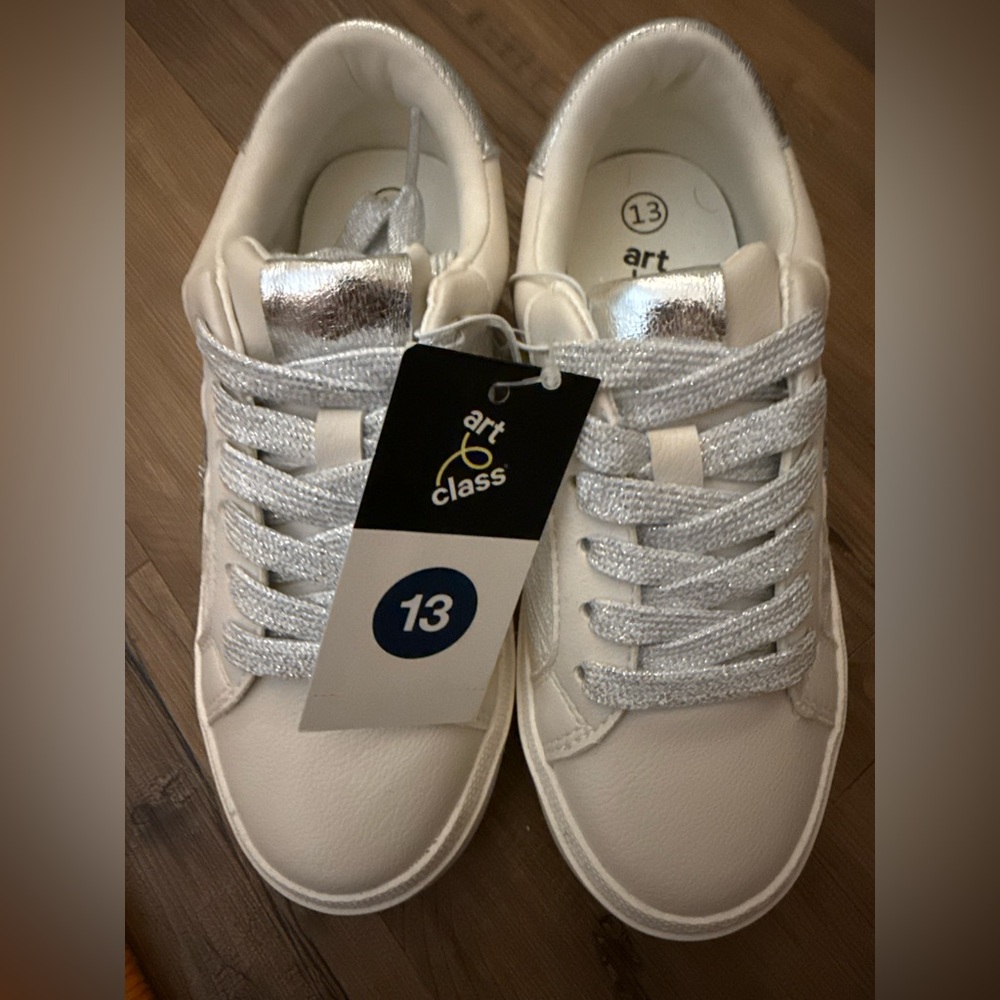 art class White Sneakers with Silver Sparkle Accents